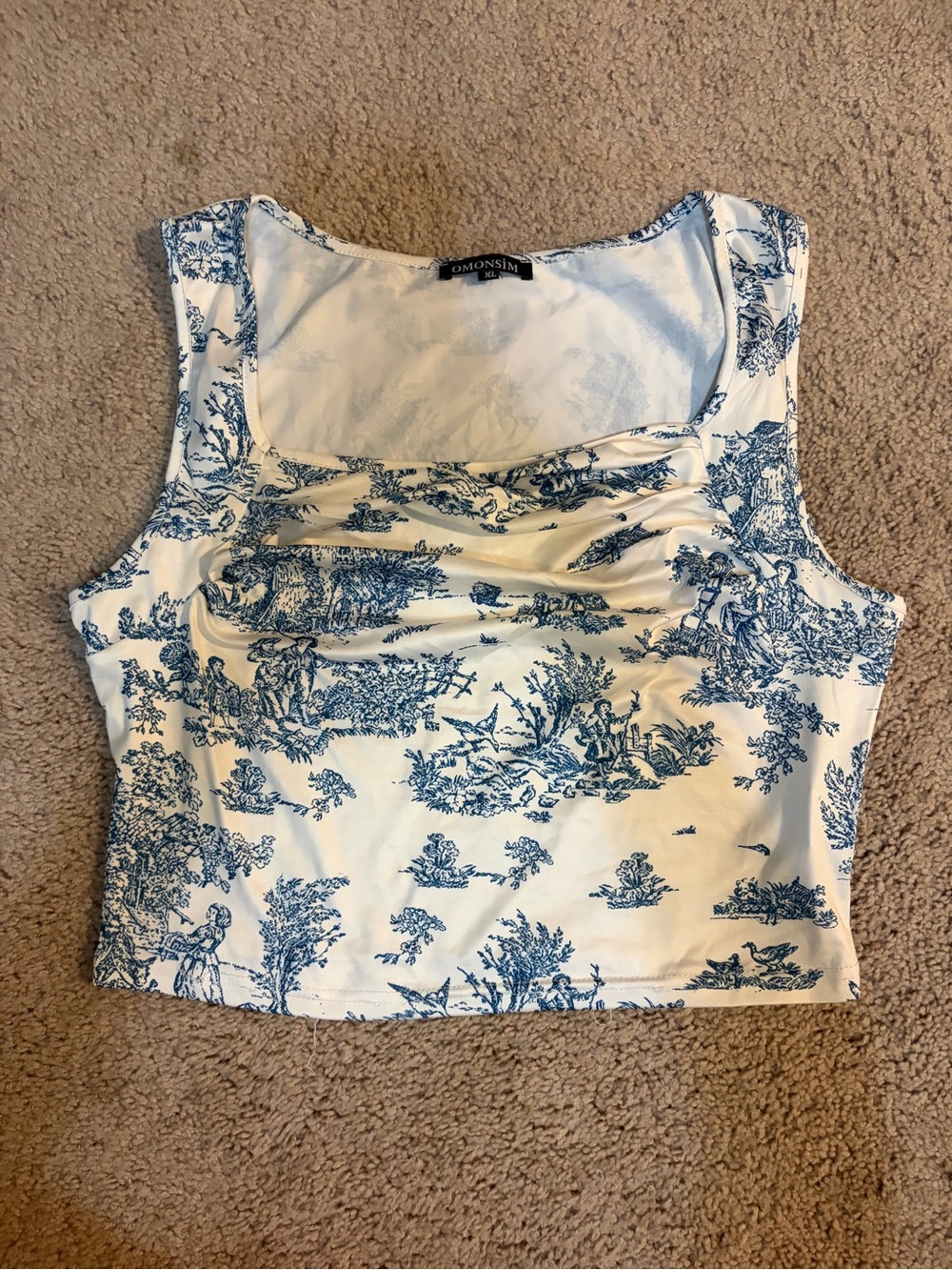 White and Blue Toile Crop Tank Top